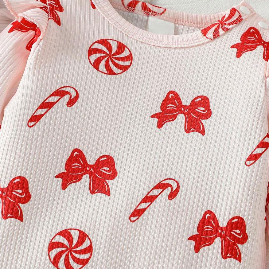 2PCS Lovely Christmas Bow Candy Cane Printed Baby Jumpsuit