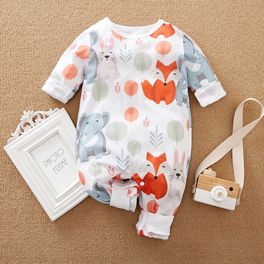 Cute Animal Plant Printed Long Sleeve Baby Jumpsuit