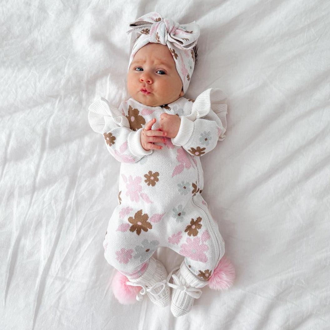 2PCS Dainty Floral Printed Ruffle Decor Knit Baby Jumpsuit