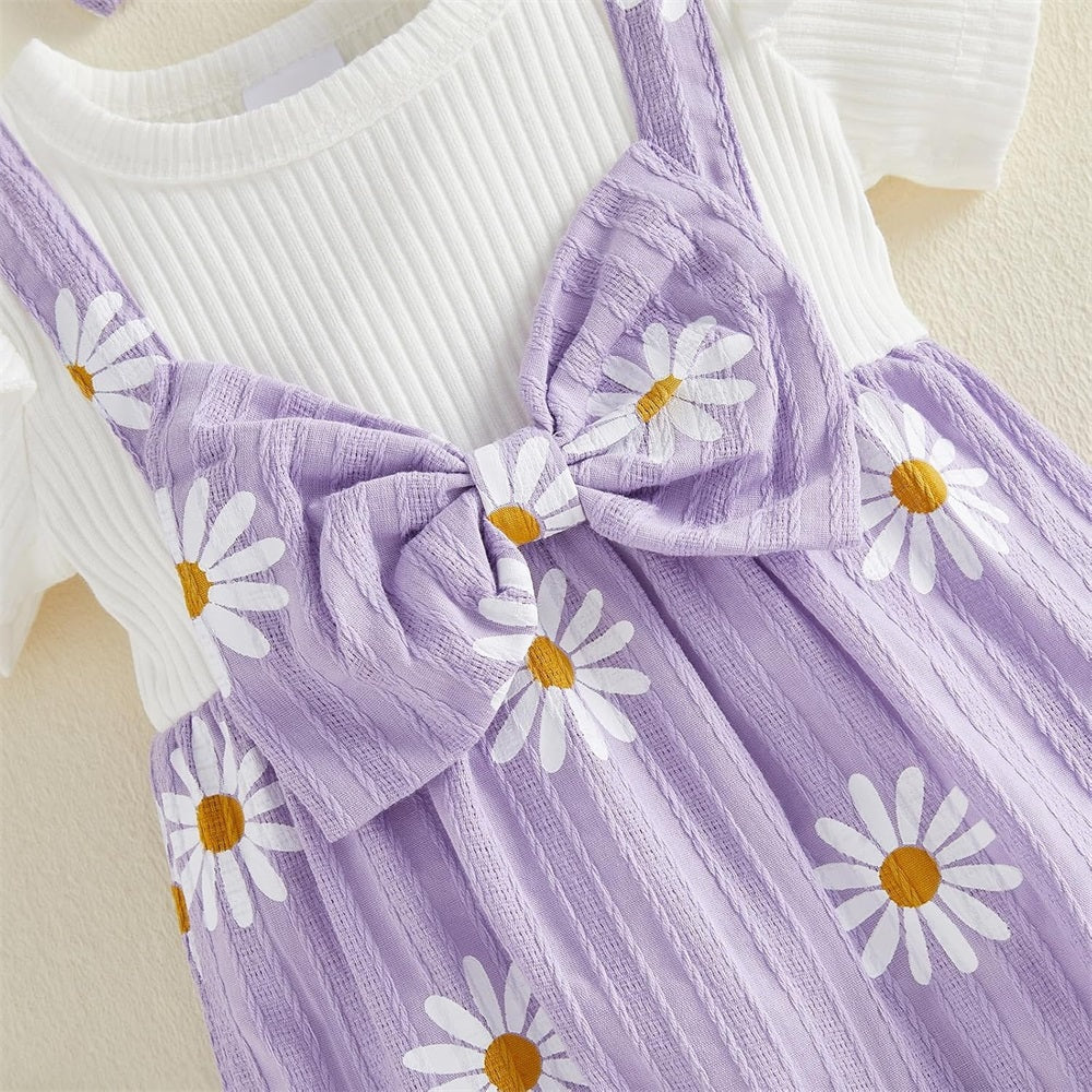 2PCS Casual Daisy Printed Bow Short Sleeve Baby Jumpsuit