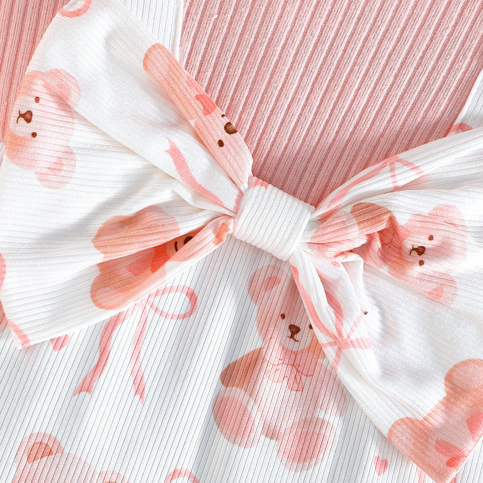 2PCS Baby Girl Teddy Bear Bow Print Faux Two Piece Short Sleeve Jumpsuit