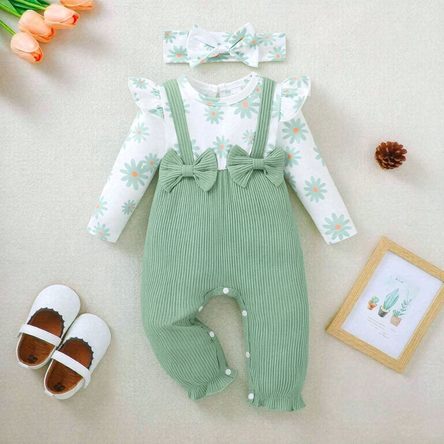 2PCS Fresh Daisy Print Long Sleeve Baby Girl Jumpsuit