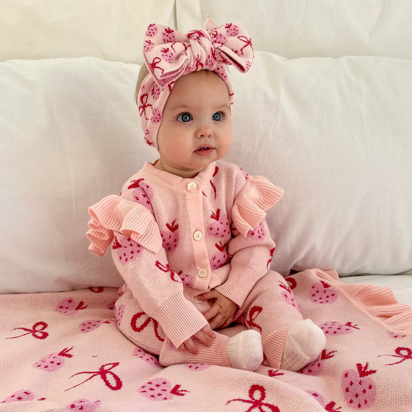 Soft Frill Knit Strawberry Bow Print Long Sleeve Baby Jumpsuit