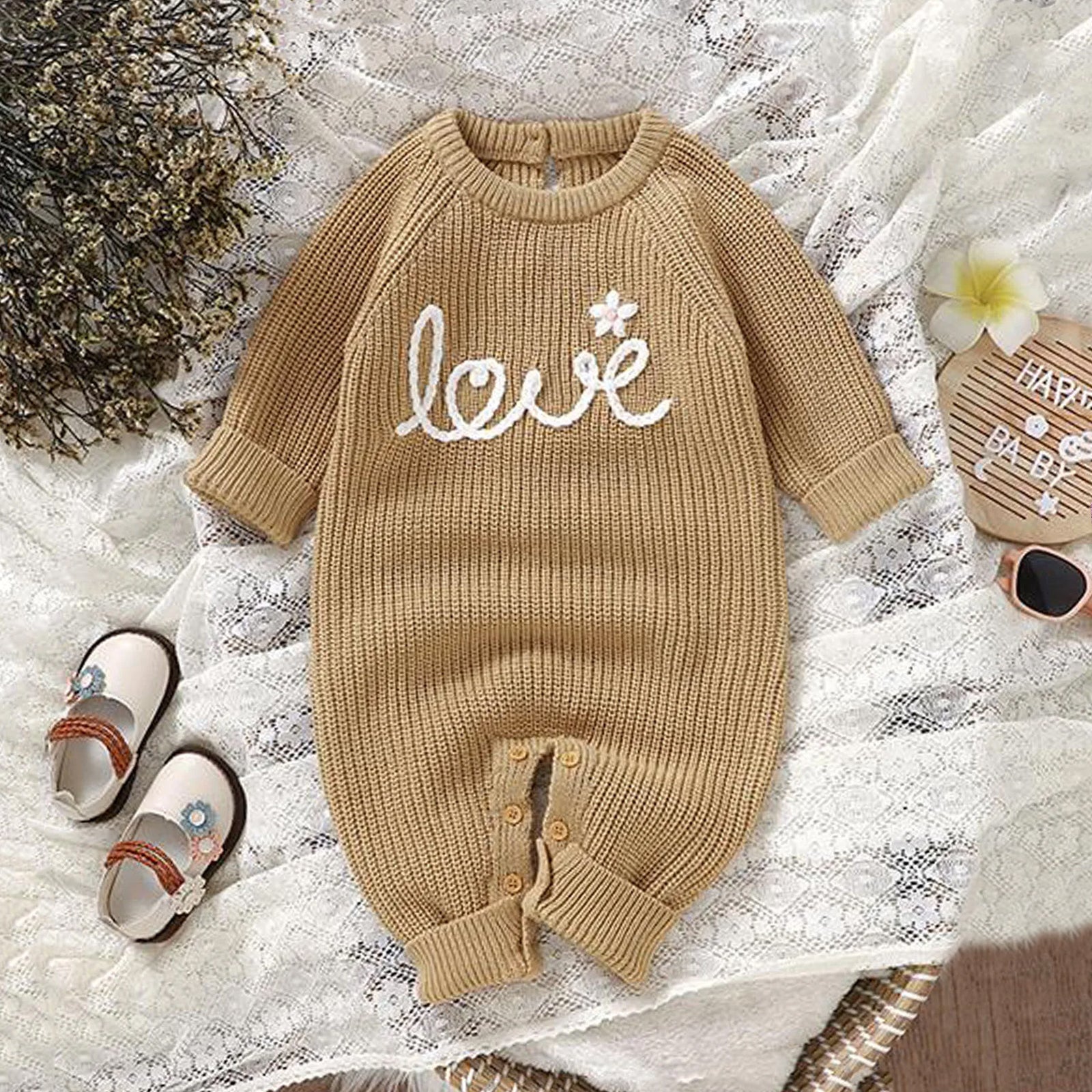 Stylish Letter and Flower Embroidery Solid Color Knitted Long Sleeve Baby Jumpsuit