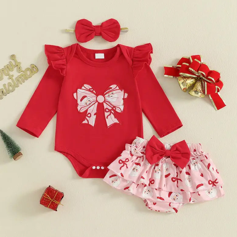 3PCS Christmas Santa Claus Bow Printed Baby Set