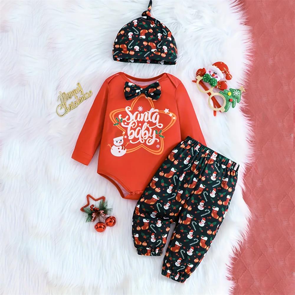 3PCS Santa Baby Letter Snowman Print Long Sleeve Baby Set