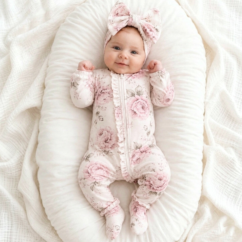 2PCS Grace Floral Print Ruffle Zipper Long Sleeve Baby Jumpsuit