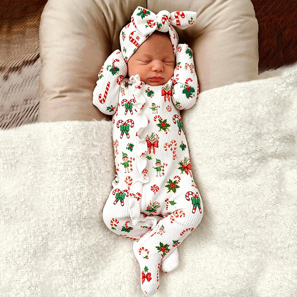 2PCS Baby Girl Candy Cane Bow Print Ruffle Zipper Long Sleeve Jumpsuit