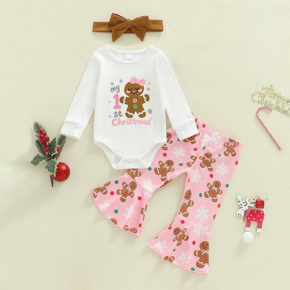 3PCS My 1st Christmas Letter Gingerbread Man Print Baby Girl Set
