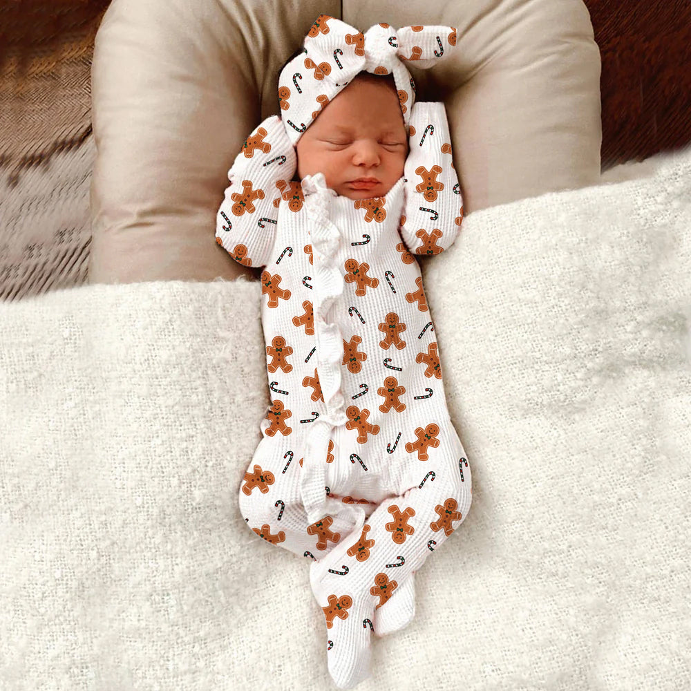 2PCS Candy Cane and Gingerbread Print Long Sleeve Baby Jumpsuit