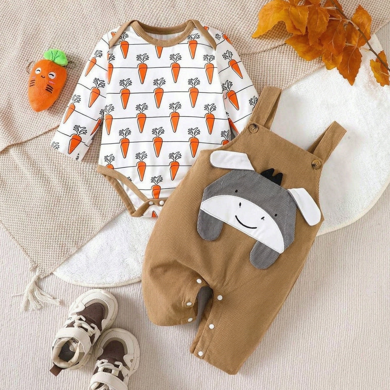 2PCS Cute Donkey and Carrot Print Long Sleeve Baby Overalls Set