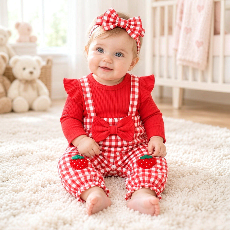 2PCS Strawberry Applique Plaid Print Faux Two Piece Baby Girl Jumpsuit