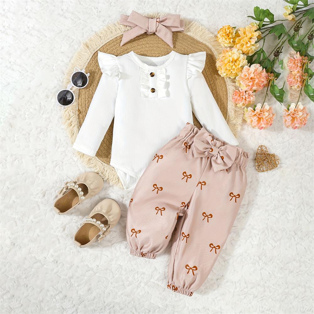 3PCS Fashion Bow Print Long Sleeve Baby Set