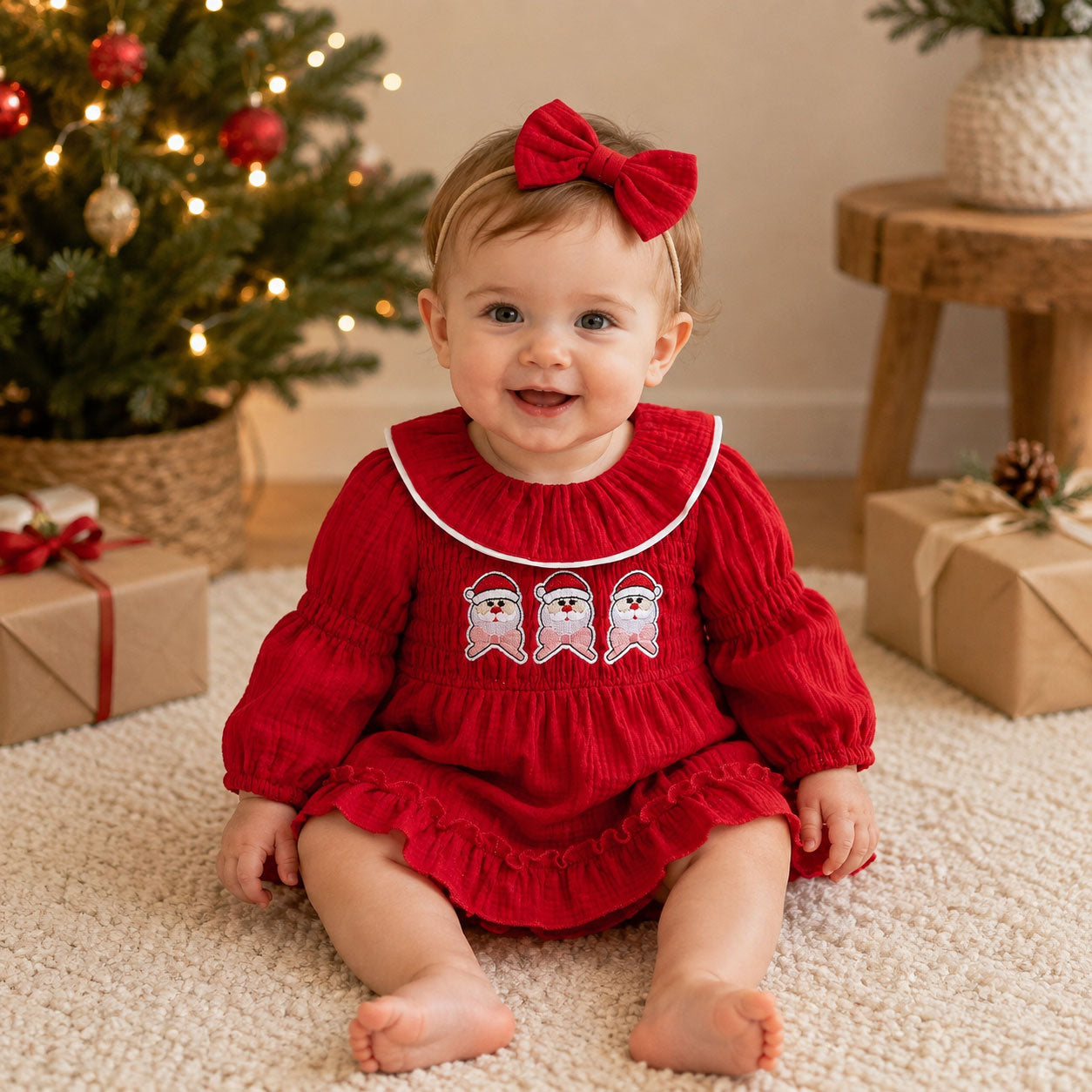 2PCS Christmas Santa Claus Tree Applique Long Sleeve Baby Romper