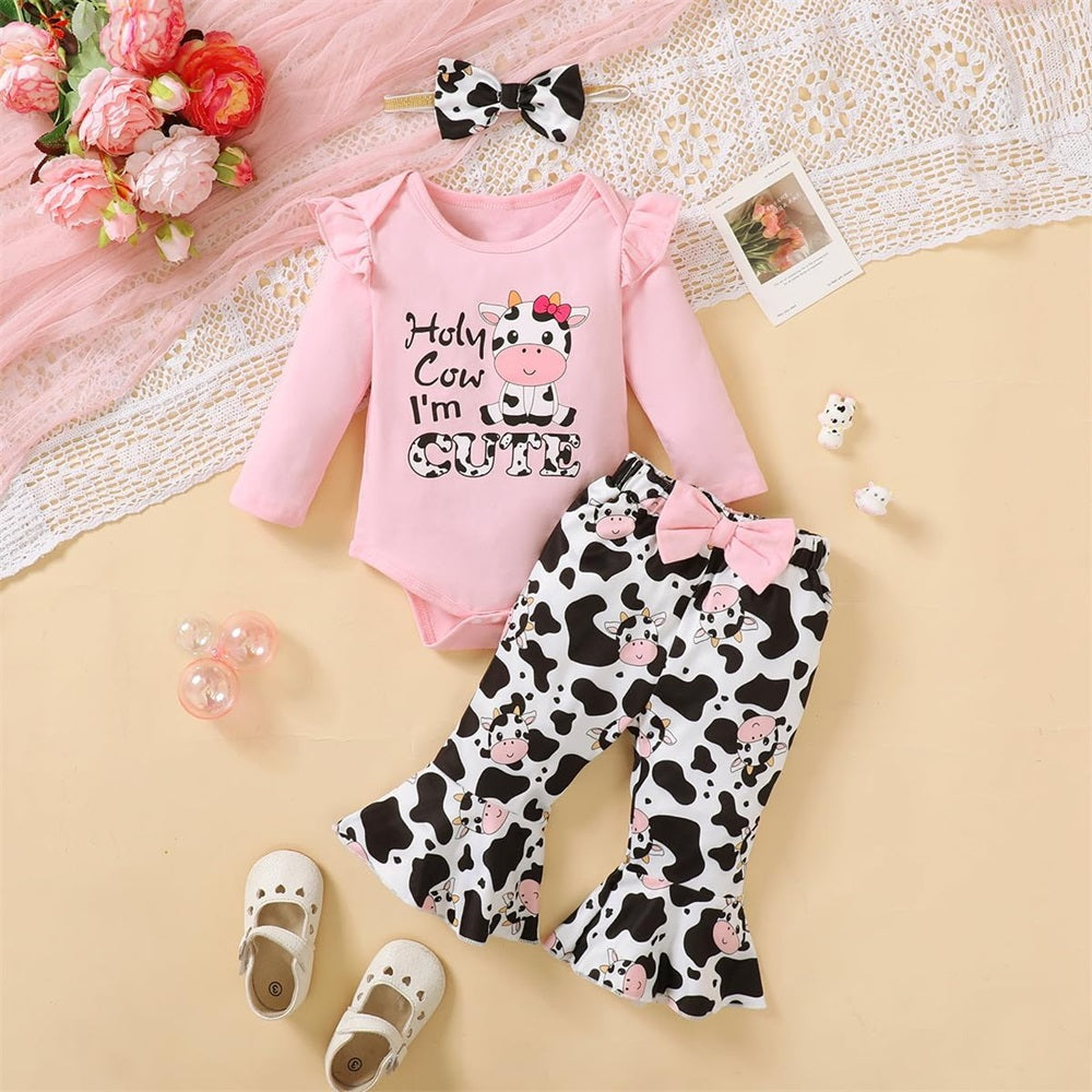 3PCS Holy Cow I'm Cute Letter Cow Print Baby Girl Set