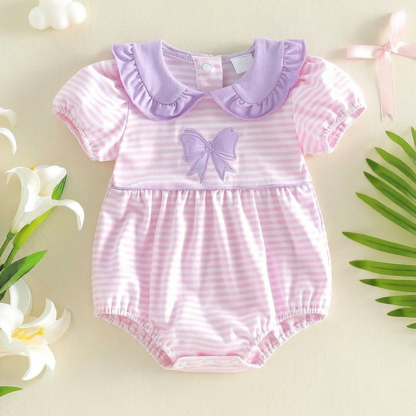 Grace Bow Embroidery Stripe Print Short Sleeve Baby Romper