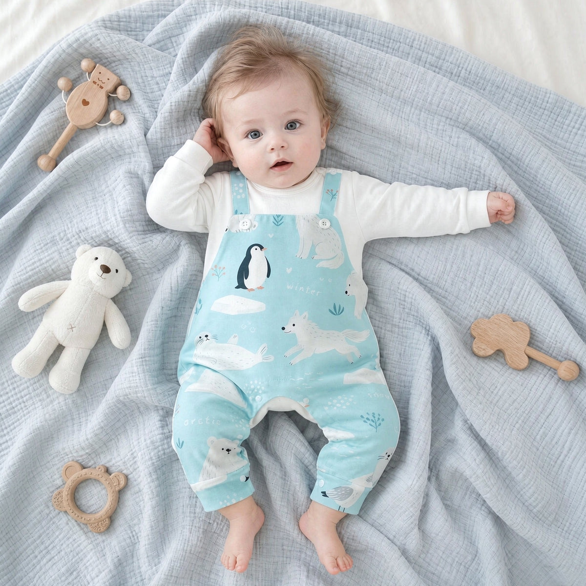 Casual Polar Animal Penguin Seal Print Faux Two Piece Baby Jumpsuit