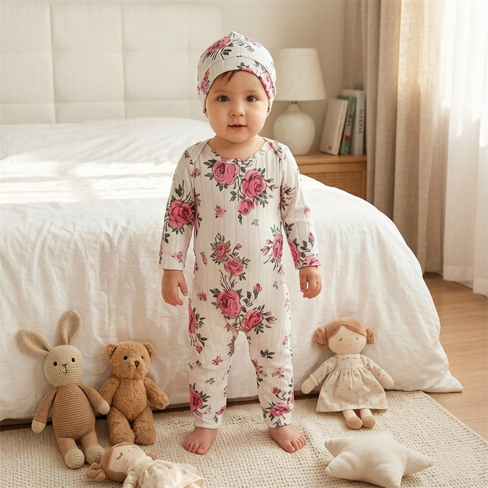 2PCS Classy Floral Printed Long Sleeve Baby Girl Jumpsuit