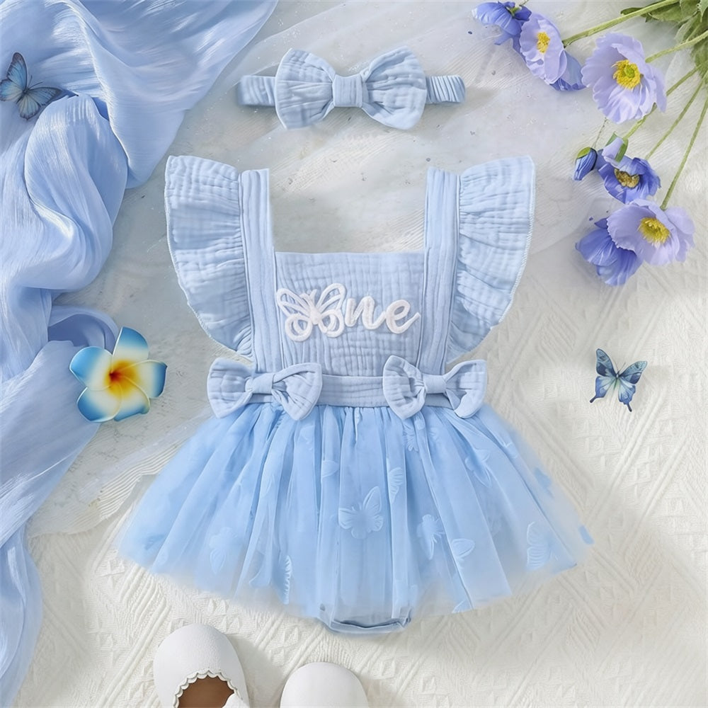 2PCS Fashion Butterfly Embroidery Flounce Sleeve Baby Romper