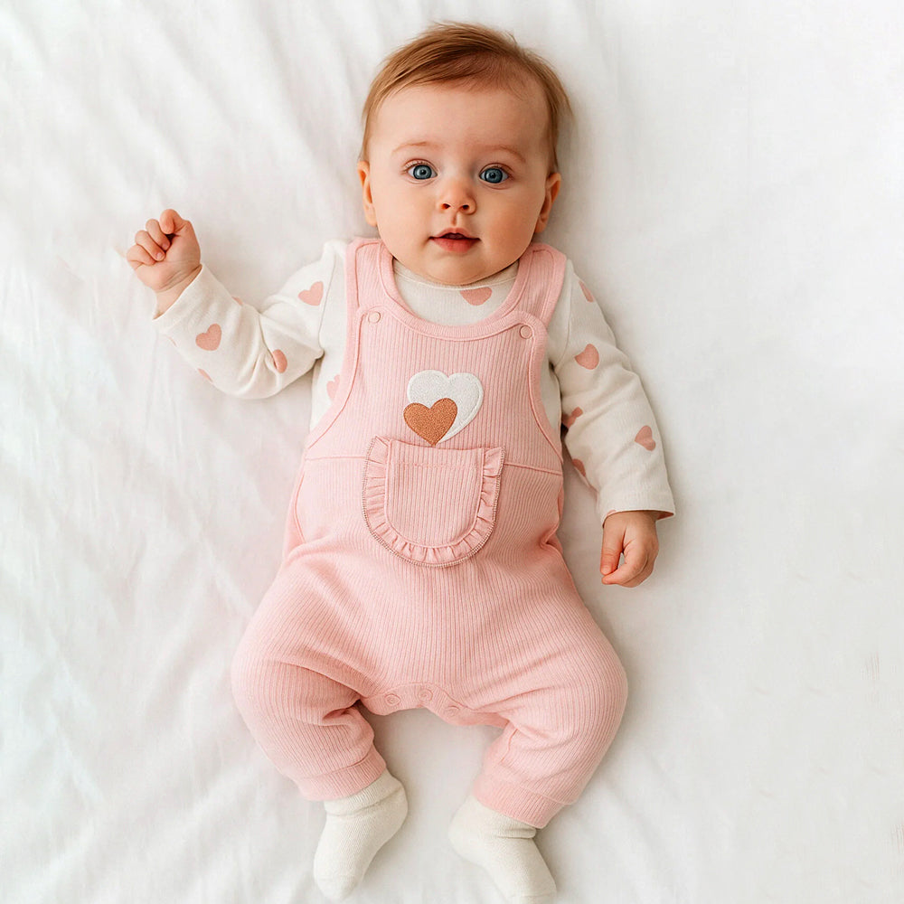 3PCS Grace Heart Applique Long Sleeve Baby Overalls Set