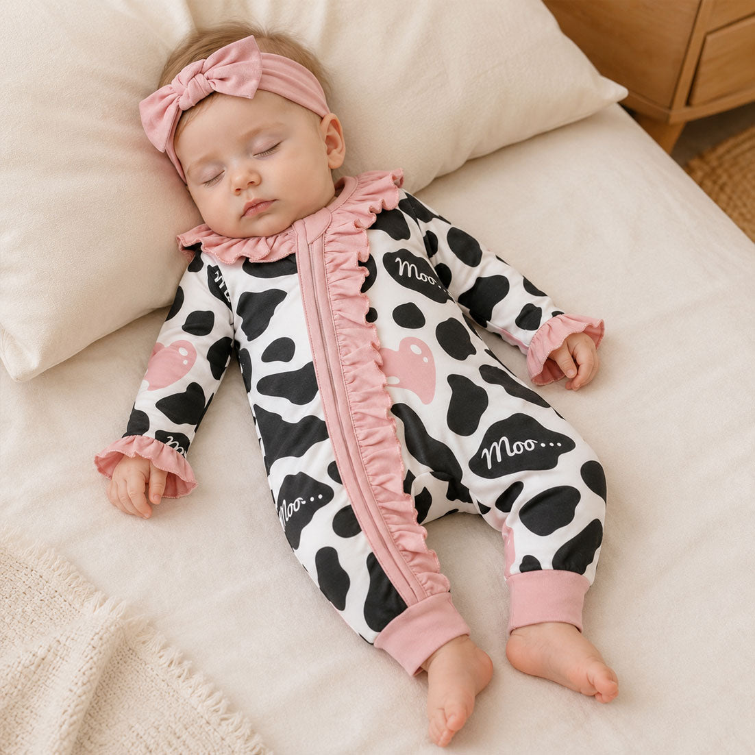 2PCS Cute Cow Print Long Sleeve Ruffle Zipper Baby Girl Jumpsuit