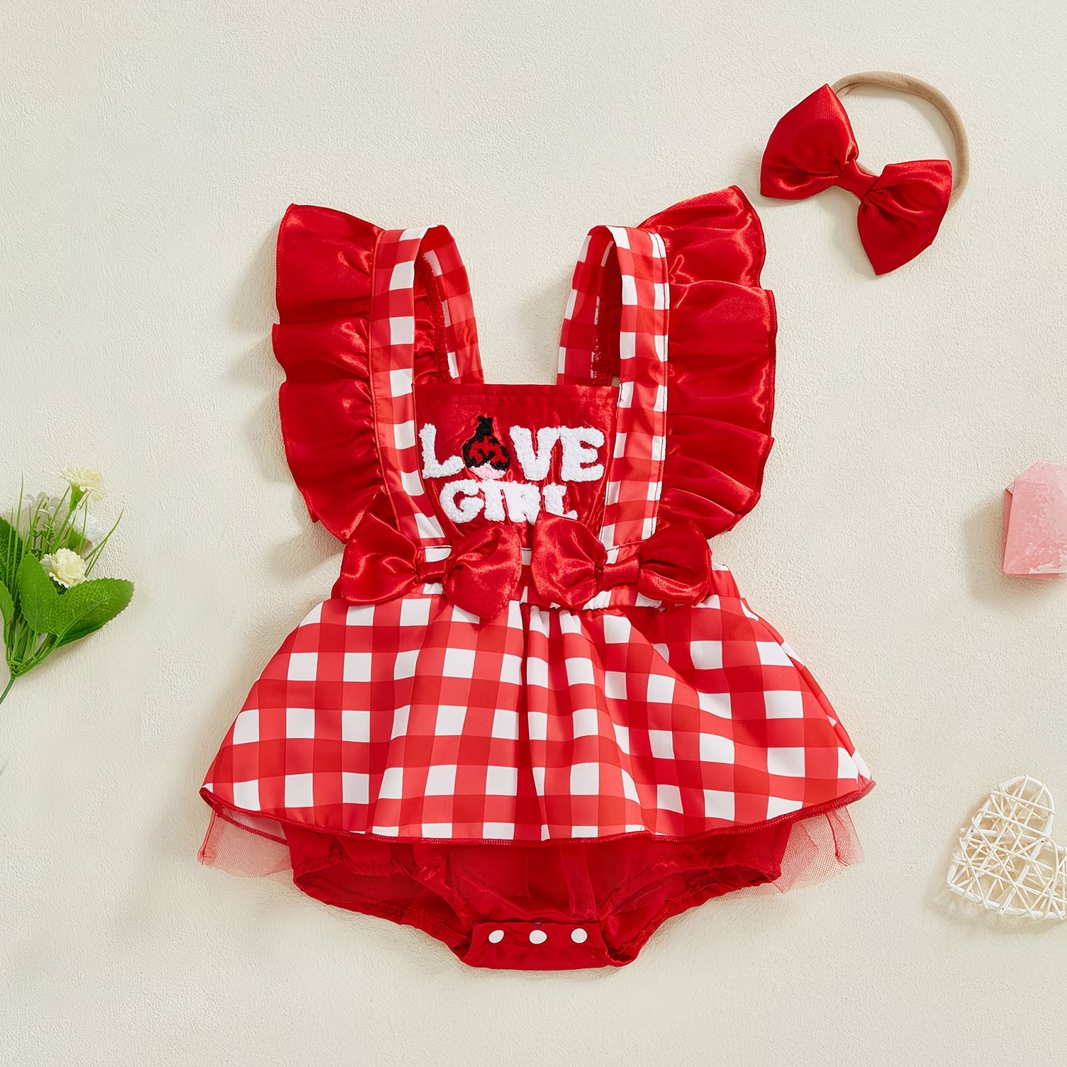 2PCS Love Girl Embroidery Plaid Print Sleeveless Baby Romper