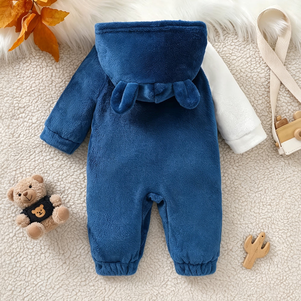 Fuzzy Bear Applique Long Sleeve Baby Hoodie Jumpsuit