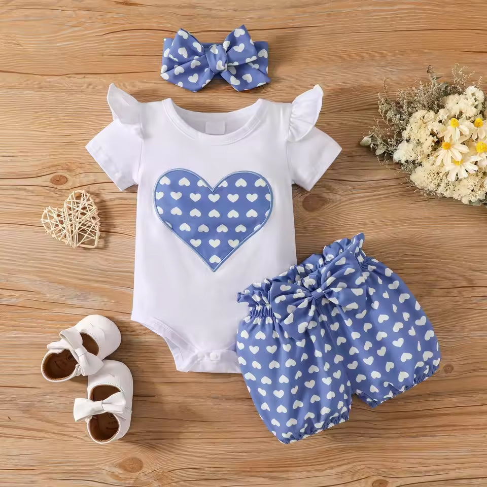 3PCS Comfy Heart Printed Short Sleeve Baby Set