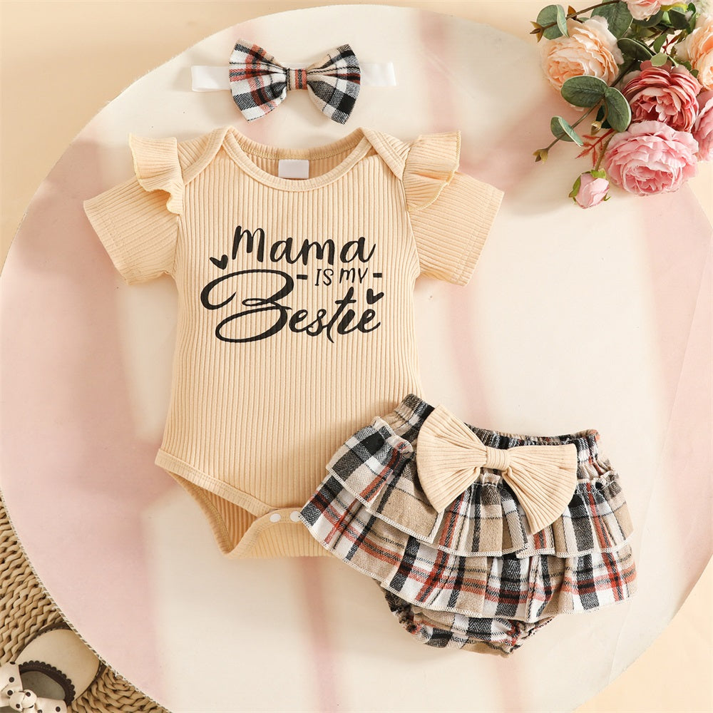 3PCS Mama Is My Bestie Letter Print Short Sleeve Baby Set