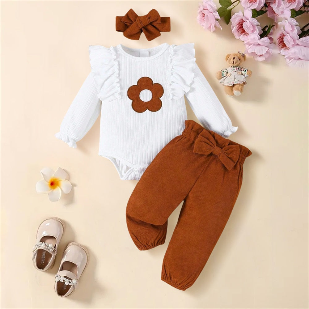 3PCS Casual Cute Floral Print Ruffle Long Sleeve Baby Set