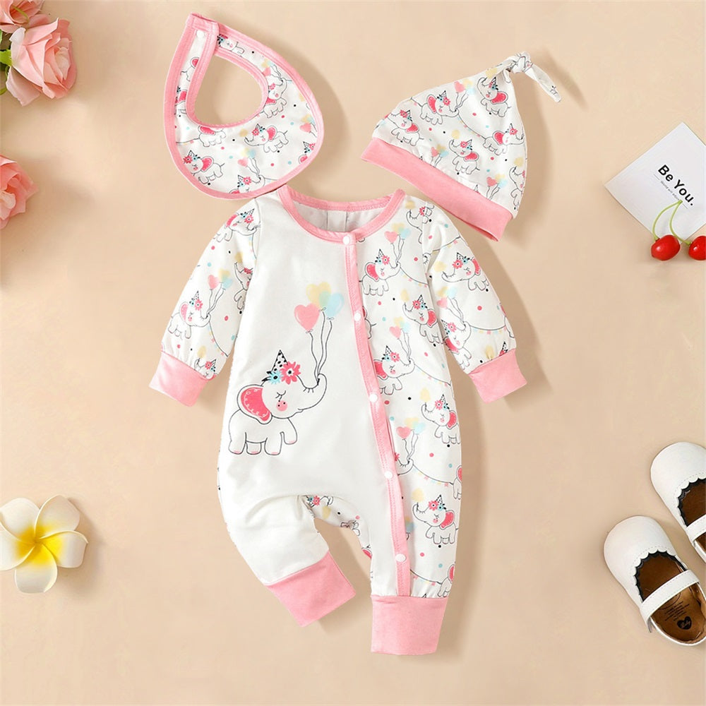 3PCS Lovely Elephant Printed Long Sleeve Baby Jumpsuit