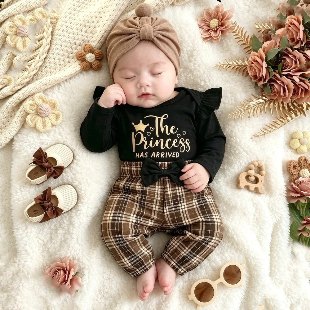2PCS The Princess Has Arrived Letter Plaid Print Long Sleeve Set