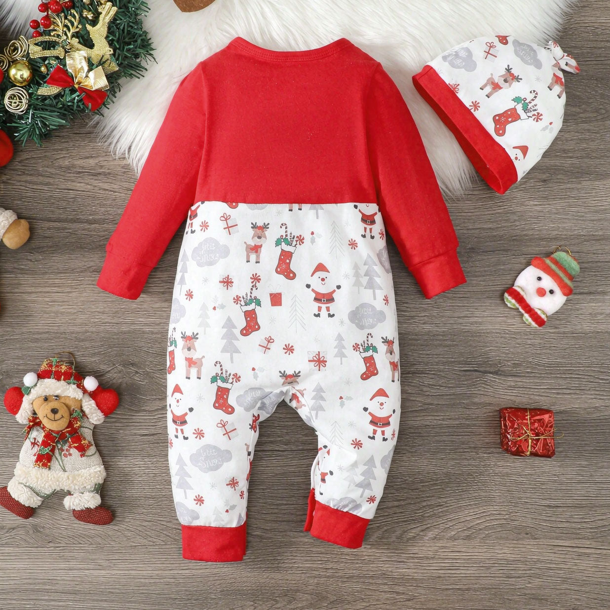 2PCS Adorable Christmas Santa Claus Elk Printed Baby Jumpsuit
