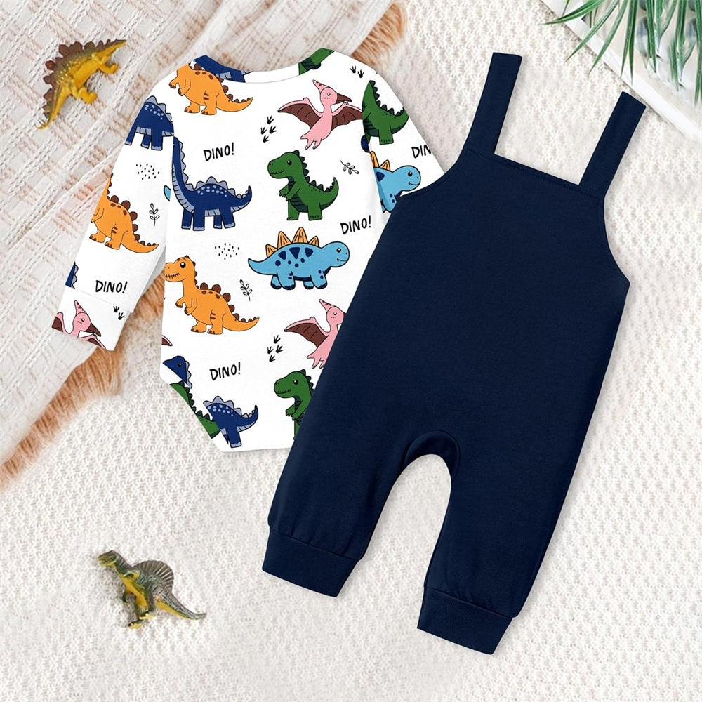 2PCS Casual Cartoon Dinosaur Print Long Sleeve Baby Overalls Set