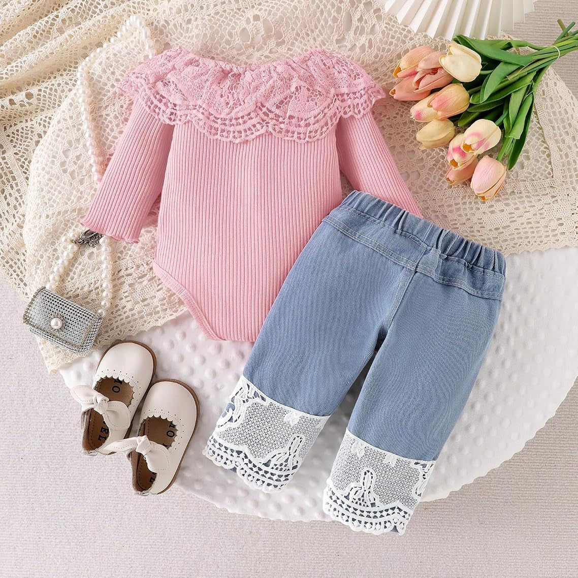 2PCS Charming Baby Girl Lace Eyelet Long Sleeve Denim Set