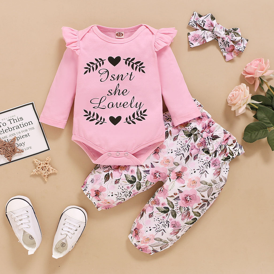 3PCS Pretty Isn't She Lovely Letter Floral Printed Baby Set