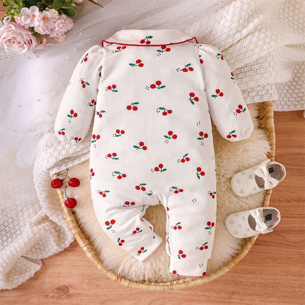 Cute Cherry Print Lapel Long Sleeve Baby Jumpsuit