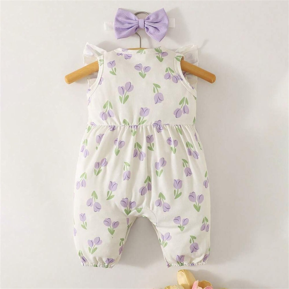 2PCS Classy Floral Print Bow Flutter Sleeve Baby Jumpsuit