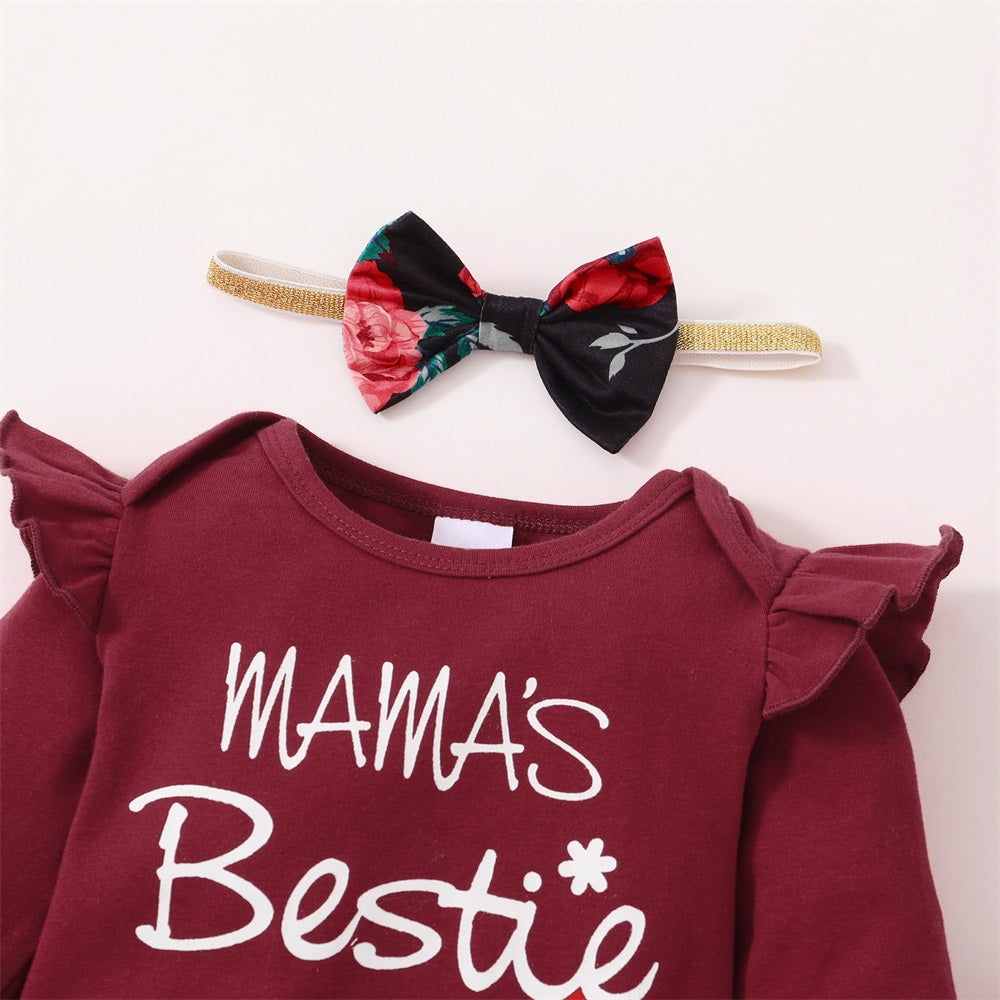 3PCS Mama's Bestie Letter Floral Print Long Sleeve Baby Set