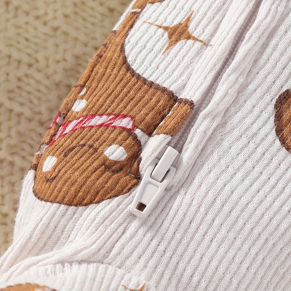 2PCS Gingerbread Candy Cane Print Long Sleeve Baby Zipper Jumpsuit