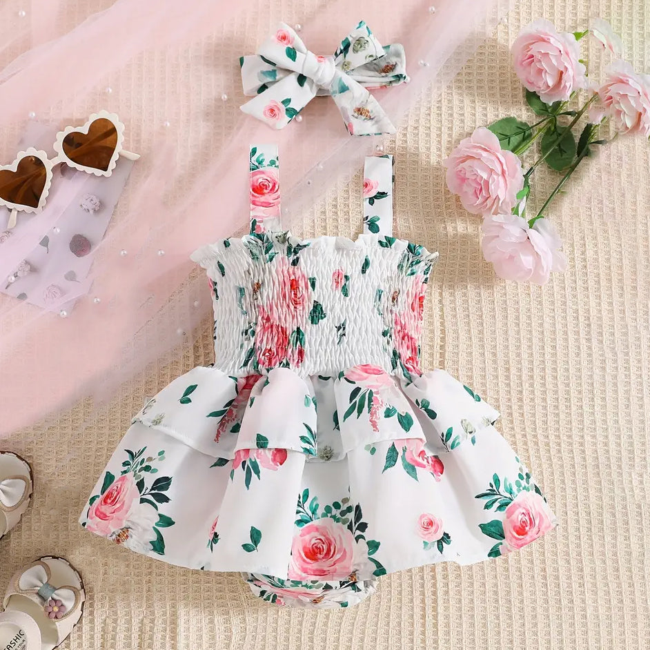 2PCS Lovely Floral Printed Sleeveless Baby Girl Romper