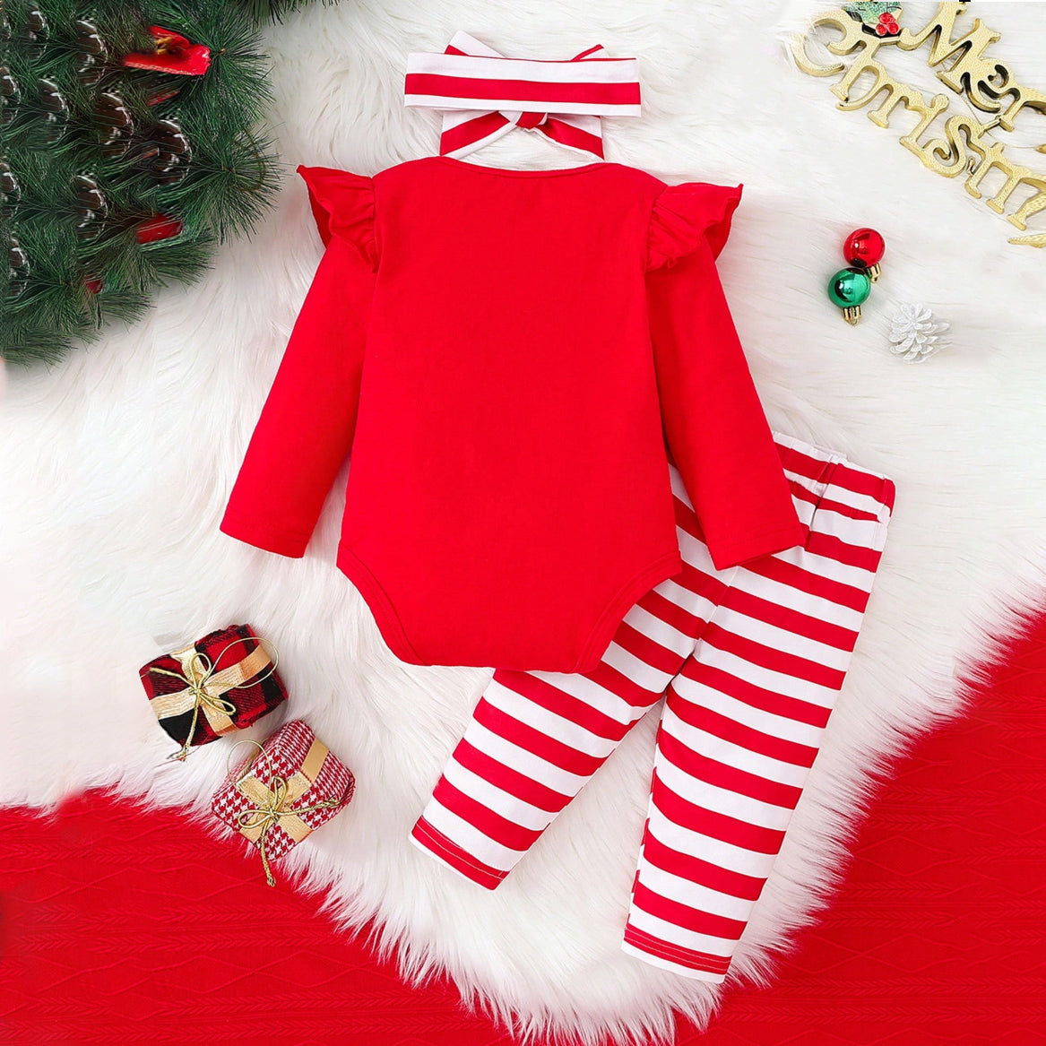 3PCS My 1st Christmas Letter Santa Claus Stripe Printed Baby Set