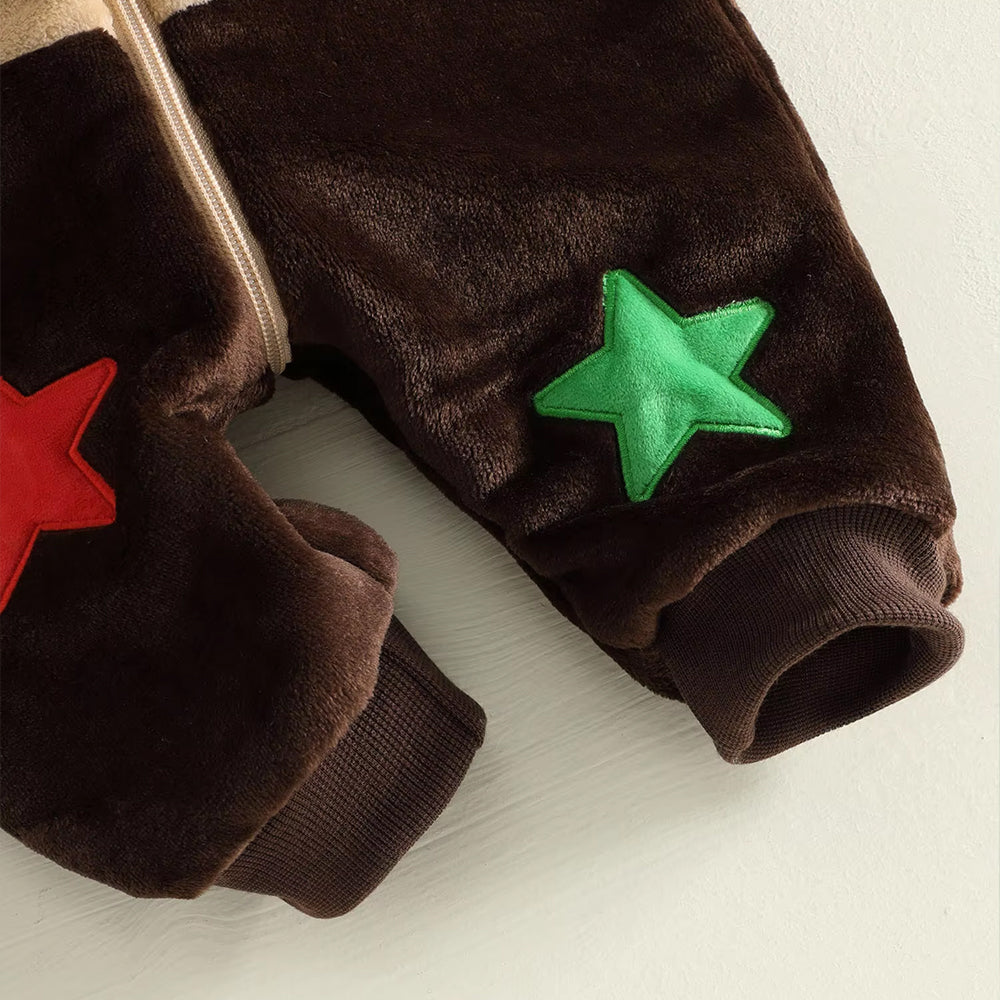 3D Antler Stars Applique Hoodie Plush Zipper Reindeer Baby Jumpsuit