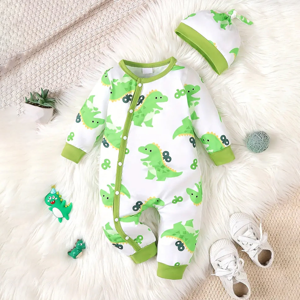 2PCS Cute Clockwork Dinosaur Print Long Sleeve Baby Jumpsuit