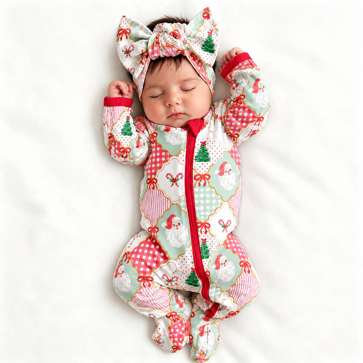 2PCS Lovely Christmas Candy Cane Santa Claus Printed Zipper Baby Jumpsuit