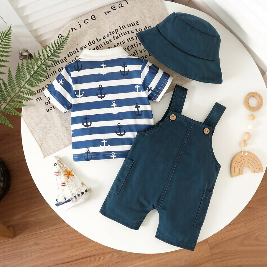 3PCS Cute Anchor Stripe Print Short Sleeve Baby Boy Set