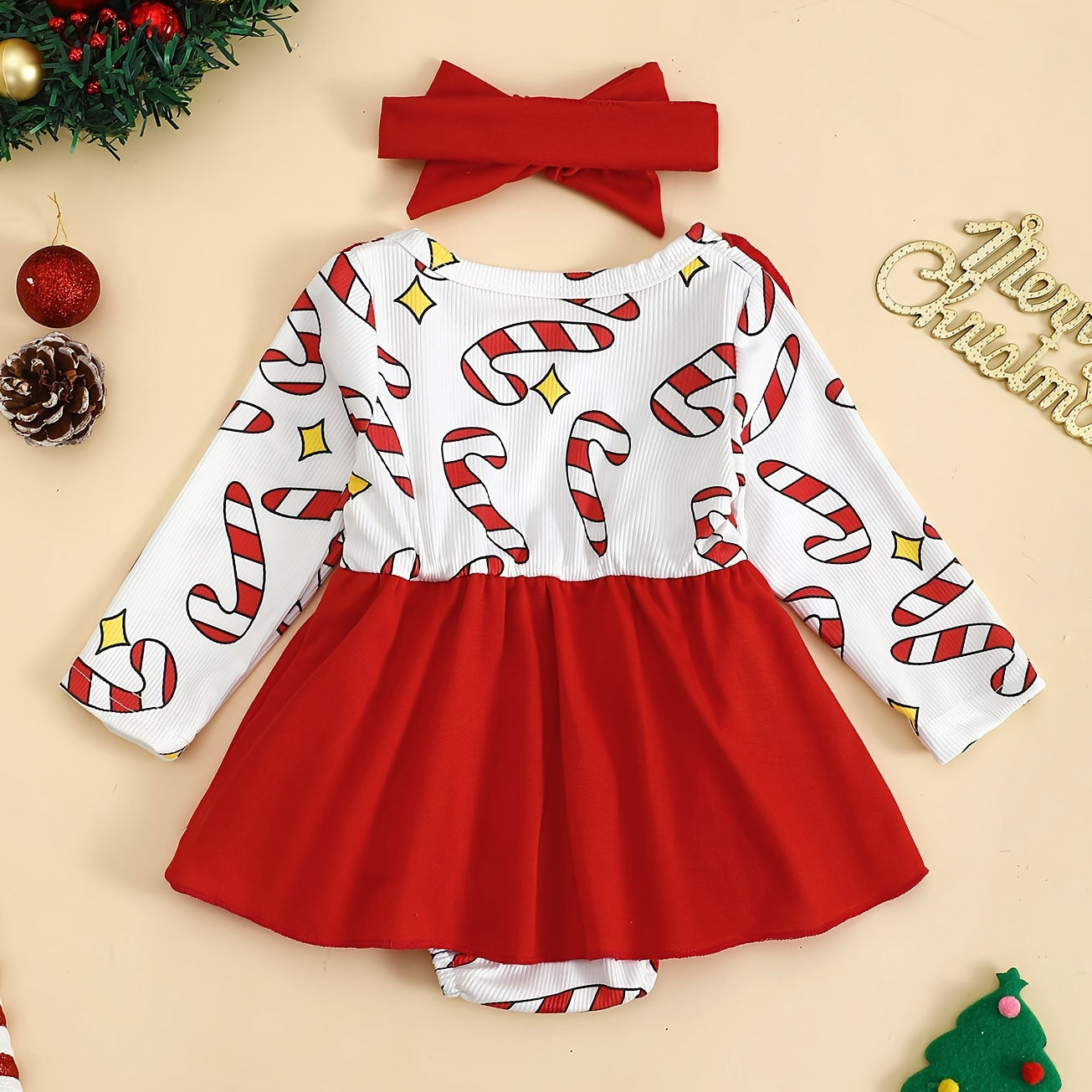 2PCS Christmas Santa Claus Embroidery Candy Cane Printed Baby Romper