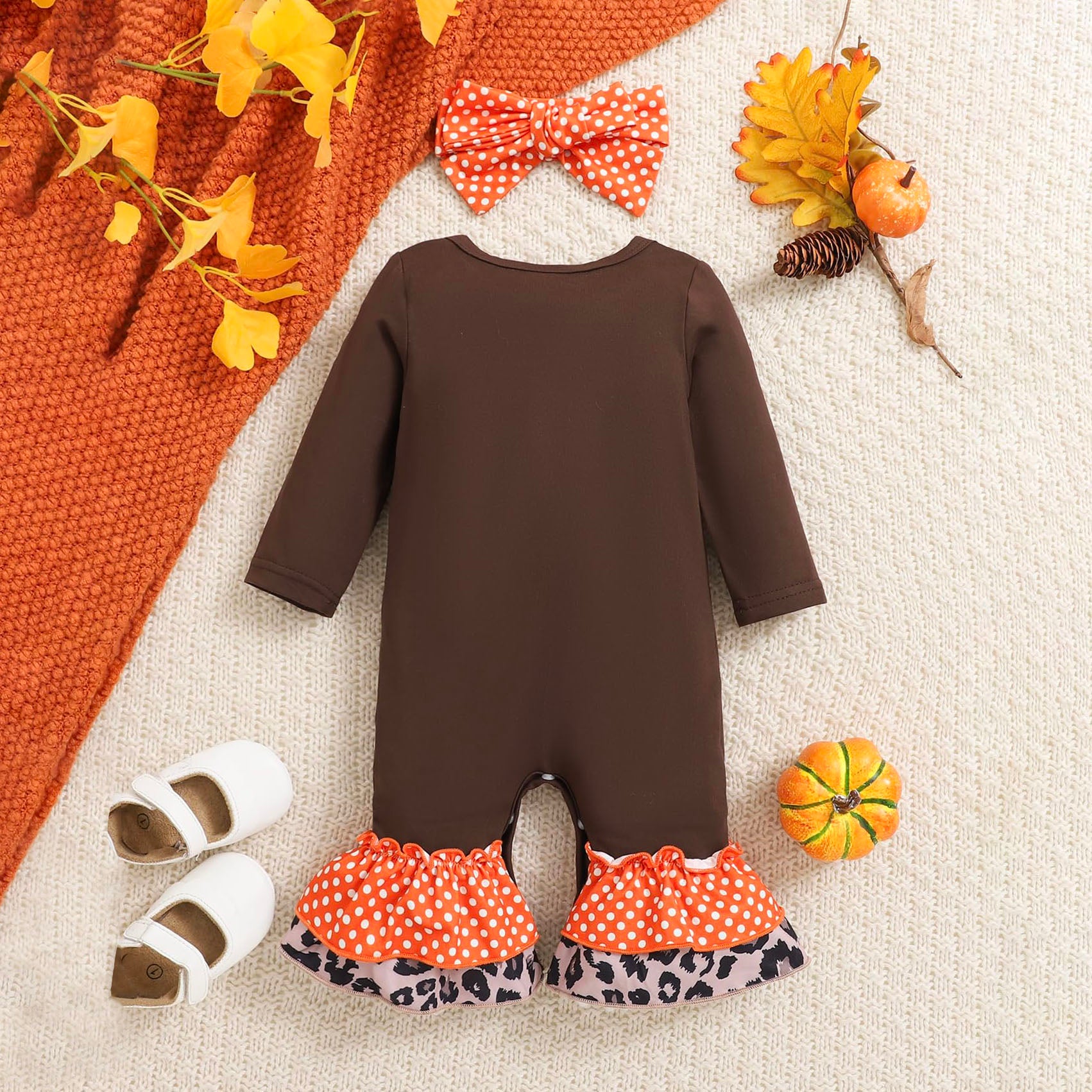 2PCS Thanksgiving Turkey Polka Dots Printed Baby Jumpsuit