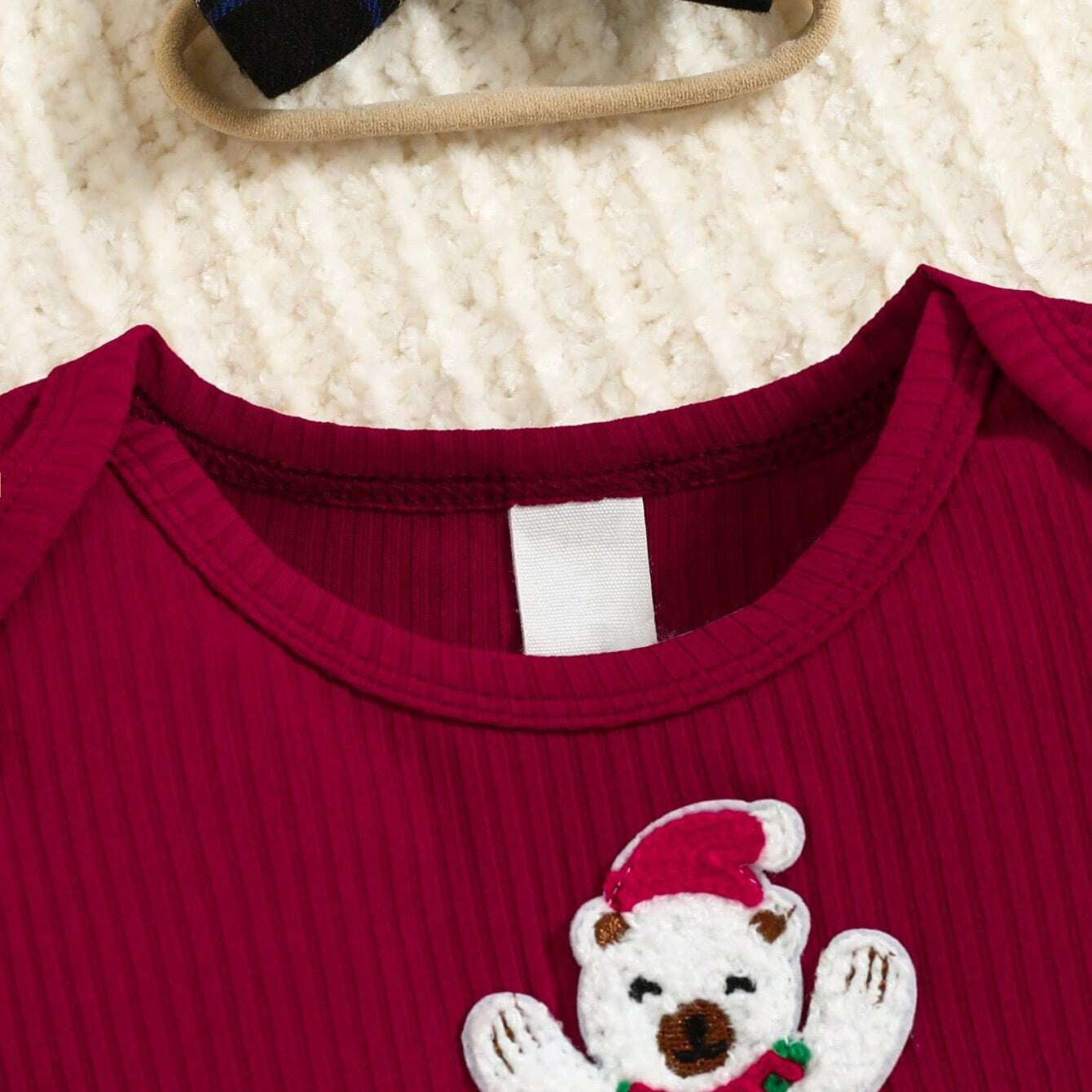 3PCS Bear Embroidery Plaid Printed Long Sleeve Baby Set