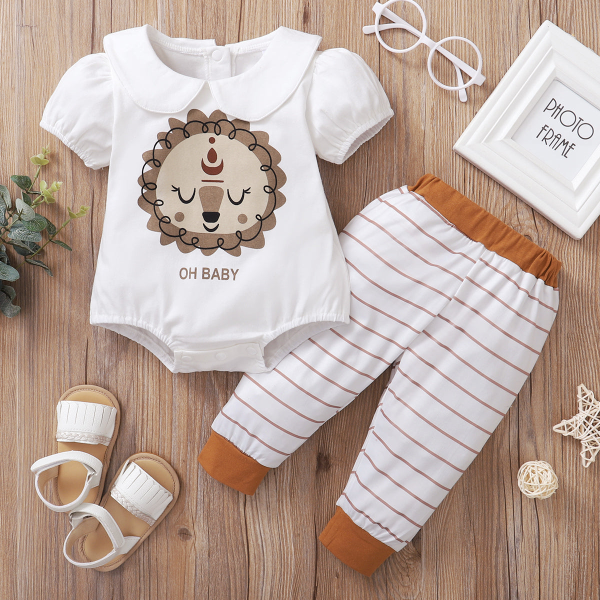 2PCS Cute Lion Stripe Print Short Sleeve Baby Set